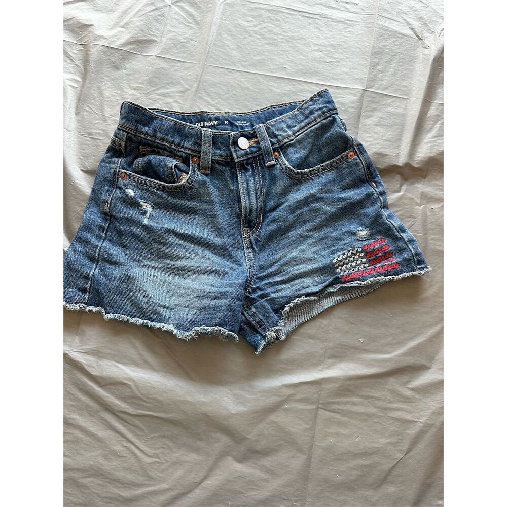 Old Navy Girl's Size 10 High Rise Distressed Denim Shorts Blue Flag Detail